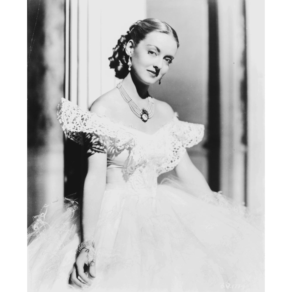 Bette Davis Posed in White Lace Top Silk Gown and Necklace with Pearl Earrings Photo Print Image 1