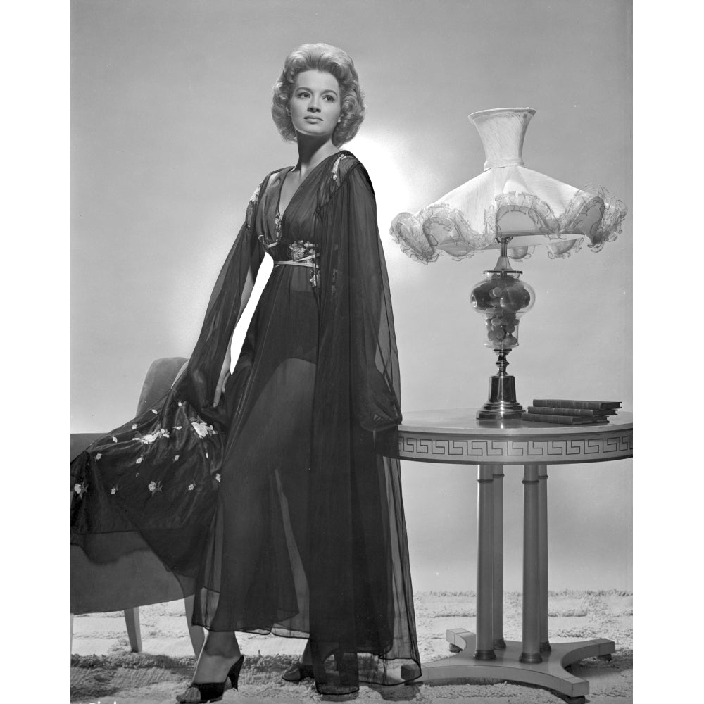 Angie Dickinson standing wearing Dress Black and White Photo Print Image 1