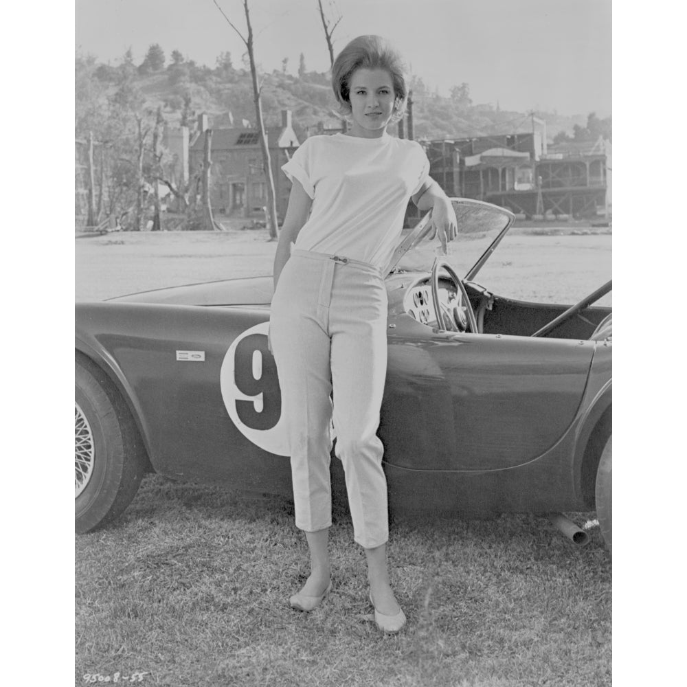 Angie Dickinson Leaning on Car Black and White Photo Print Image 1