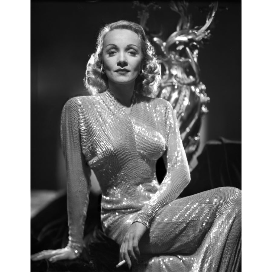 Marlene Dietrich Portrait wearing Glossy Dress with Sleeves Photo Print Image 1