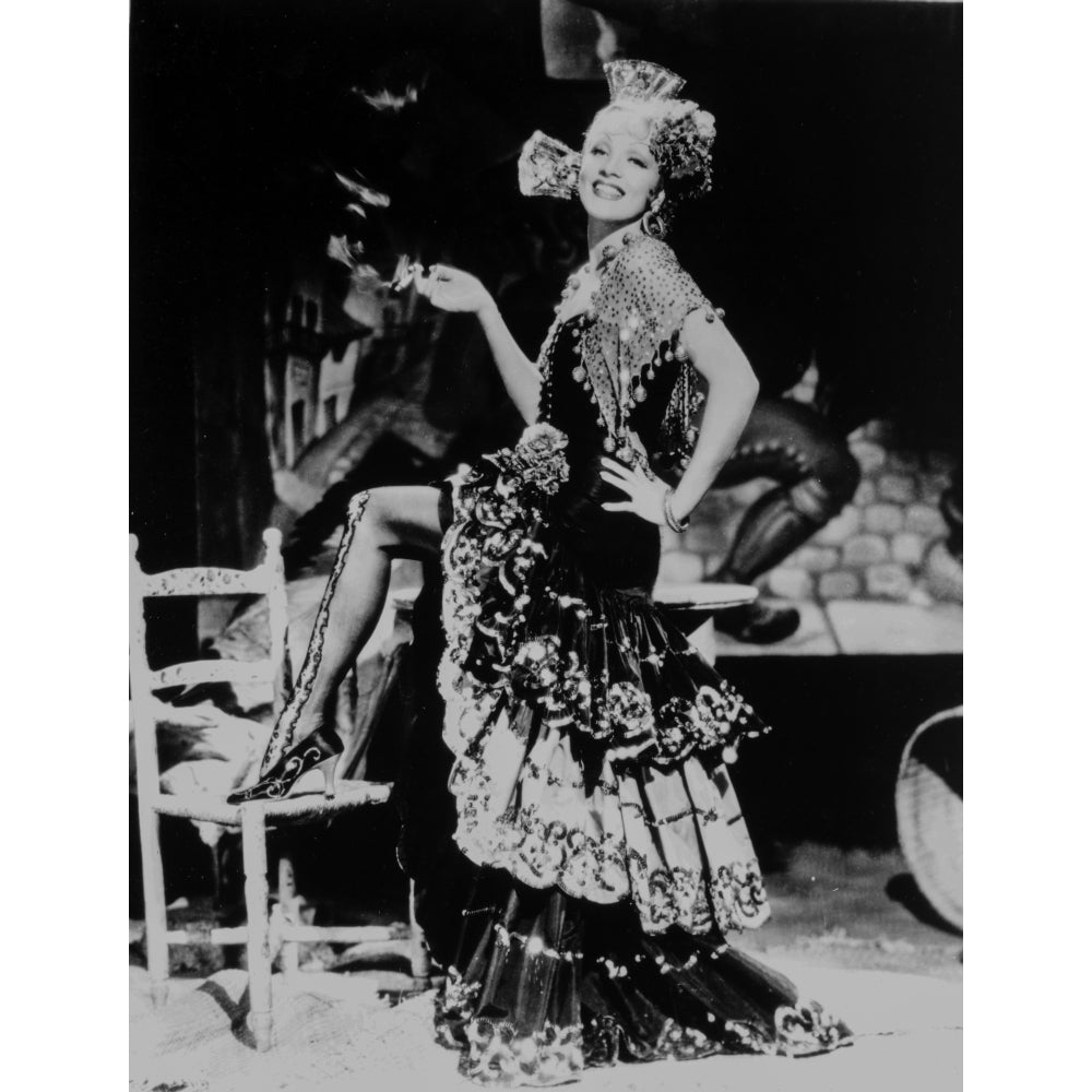 Marlene Dietrich standing One Leg in Floral Gown with One Leg Stepping on Chair Photo Print Image 1