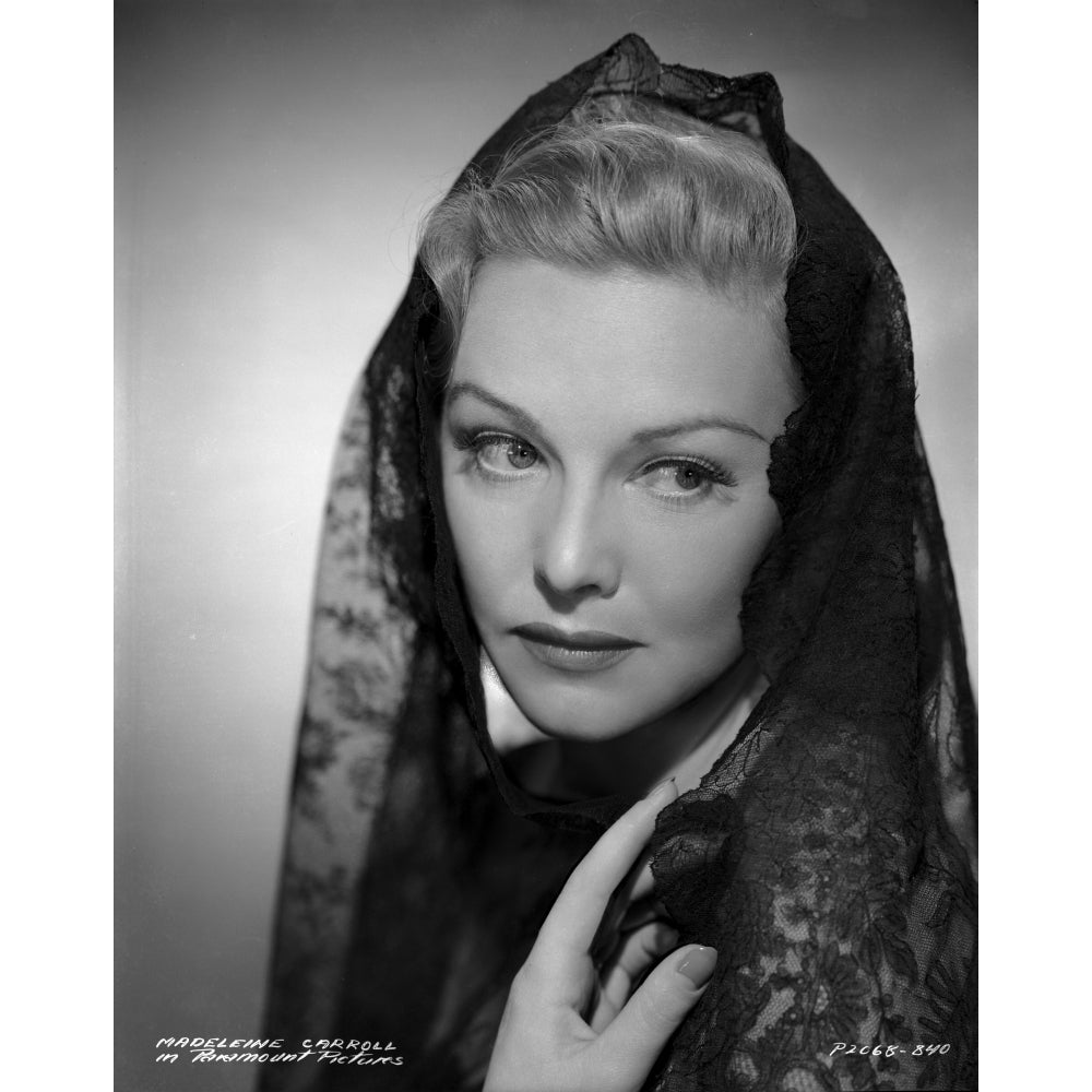 Madeleine Carroll Posed in Black Dress with Veil Photo Print Image 1