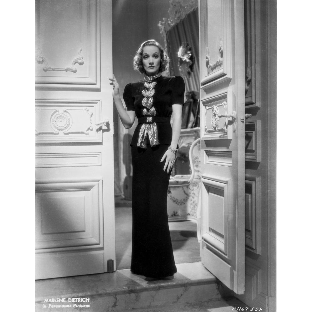 Marlene Dietrich standing in Black Dress with One Hand Holding to the Door Photo Print Image 1