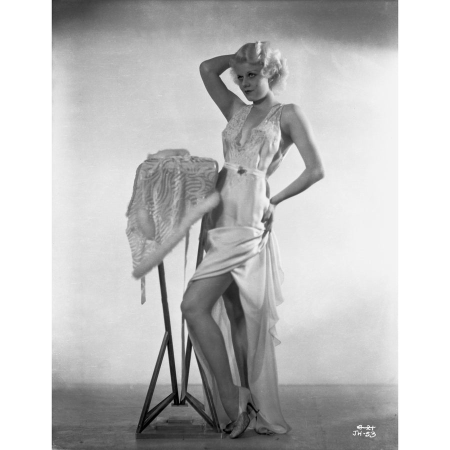 Jean Harlow Posed in White Silk Dress and Silk Slit Ruffled Skirt with Right Hand on the Head Photo Print Image 1