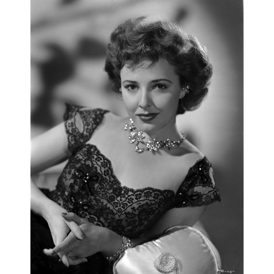 Laraine Day posed wearing Necklace and Black Dress in Black and White Photo Print Image 1