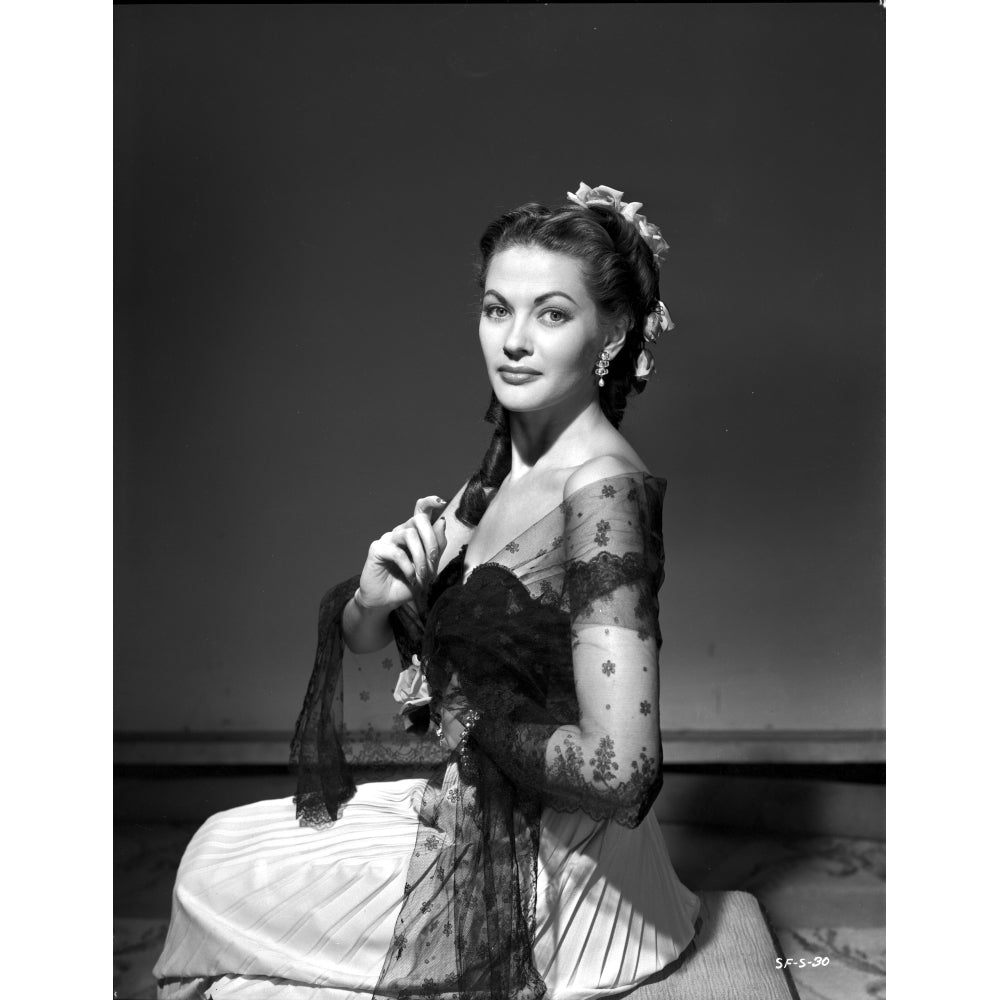 Yvonne Decarlo Kneeling Pose in Black Net Dress with a Smile Photo Print Image 1