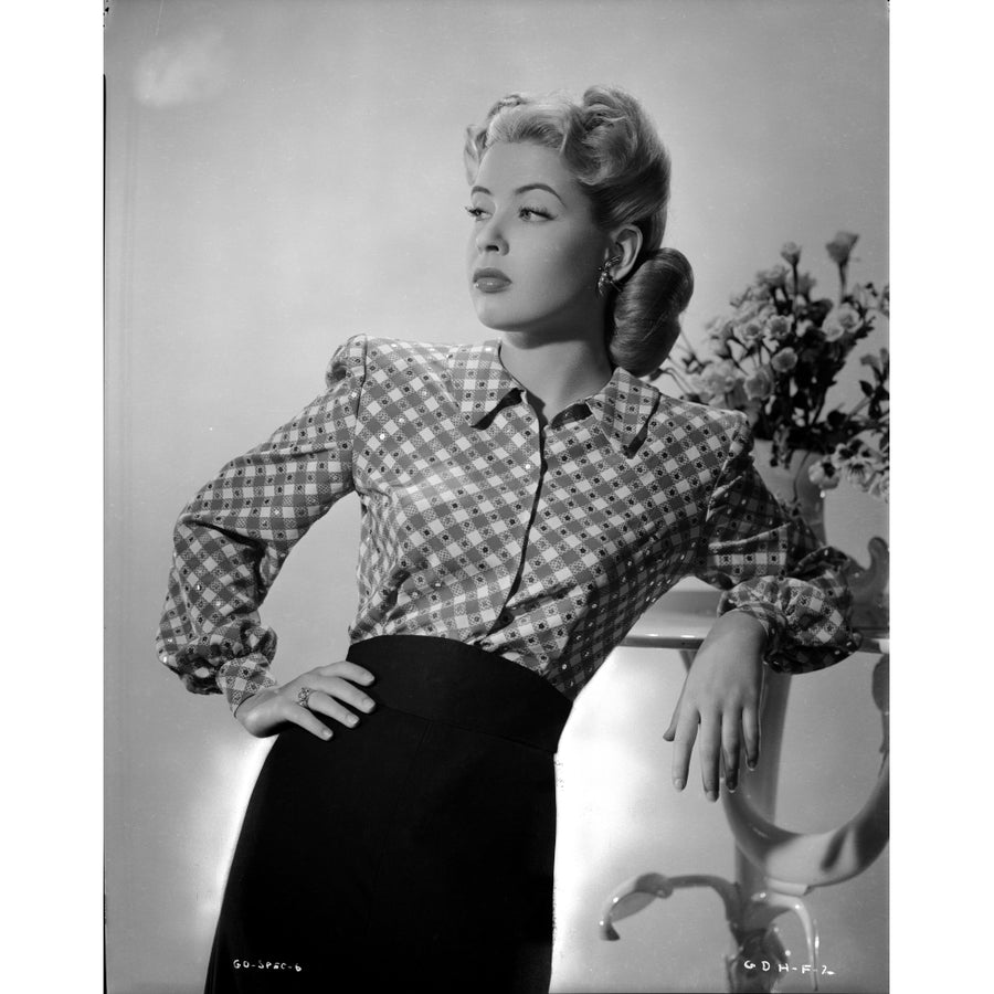 Gloria DeHaven posed in Checkered Dress in Black and White Photo Print Image 1