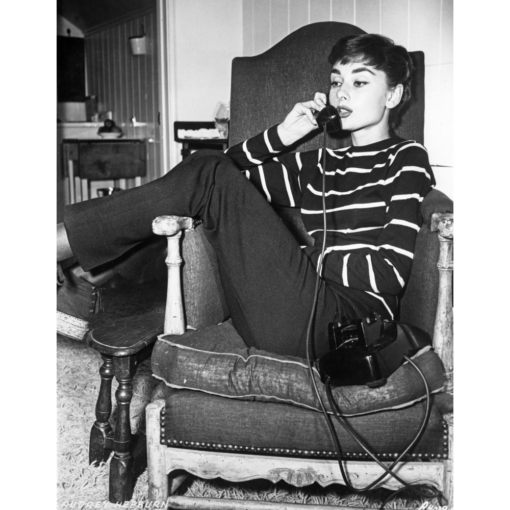 Audrey Hepburn Striped Attire on the Phone Photo Print Image 1