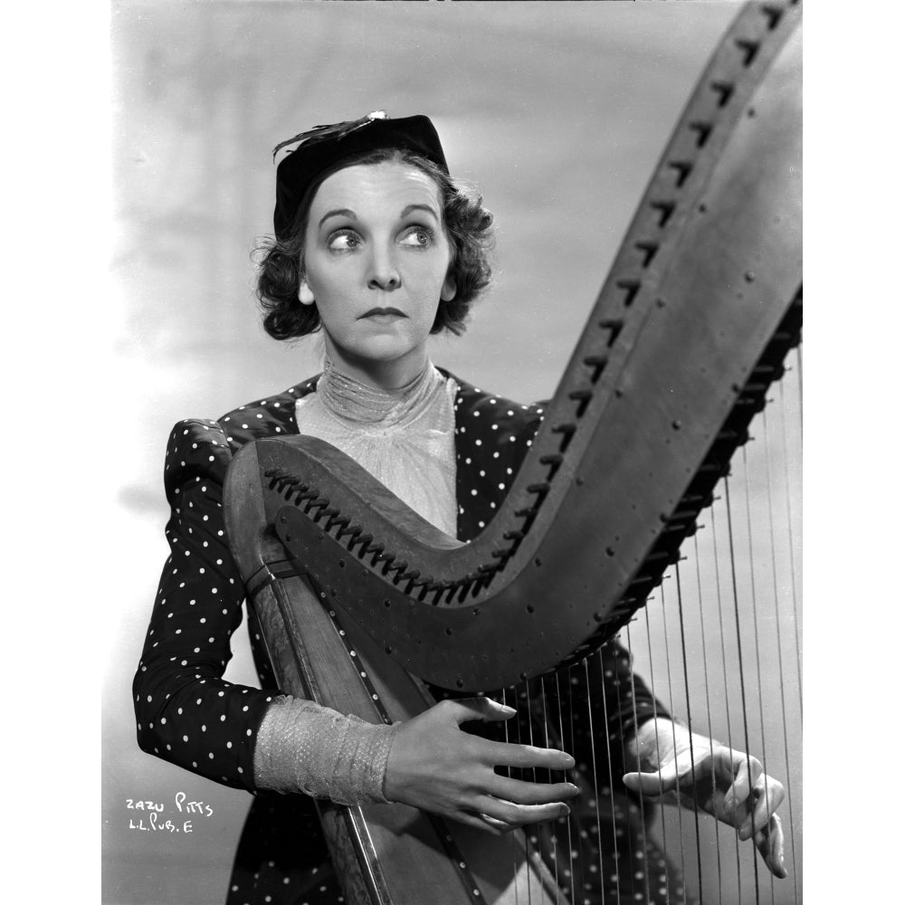 Zasu Pitts Looking Away while Playing a Harp in polka dot Dress Photo Print Image 1