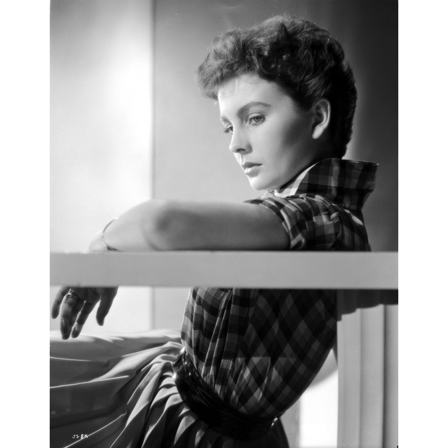 Jean Simmons Leaning Back in Checkered Short Sleeve Shirt with Left Arm Rest on Top of a Railing Photo Print Image 1