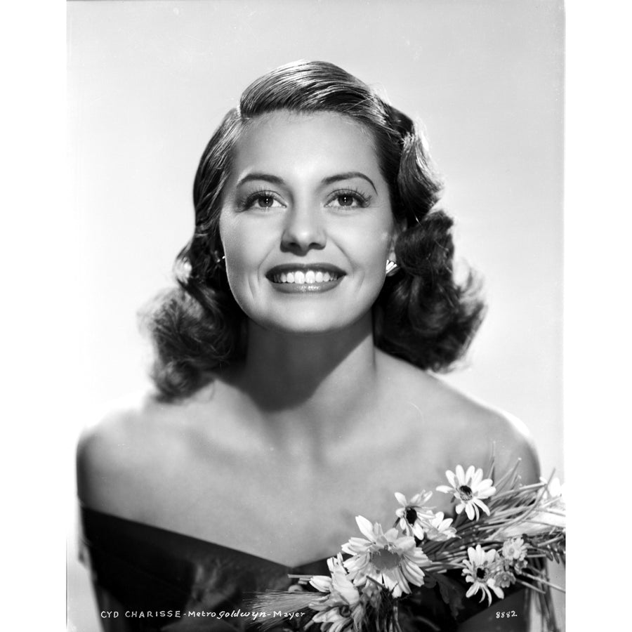 Cyd Charisse smiling in Black Dress with Flowers Photo Print Image 1