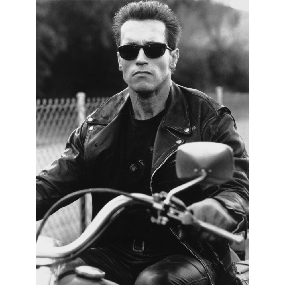 Arnold Schwarzenegger Riding a Bike in Black Leather Jacket Photo Print Image 1