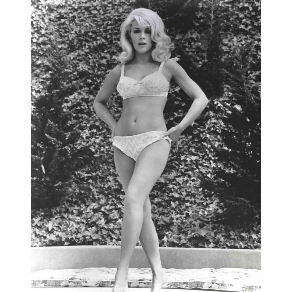 Stella Stevens Hands on Hips Pose with One Leg Forward wearing Bikini in Black and White Photo Print Image 1