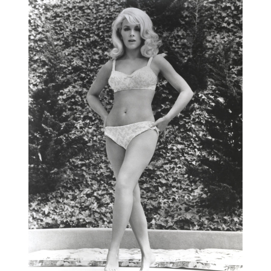 Stella Stevens Hands on Hips Pose with One Leg Forward wearing Bikini in Black and White Photo Print Image 1