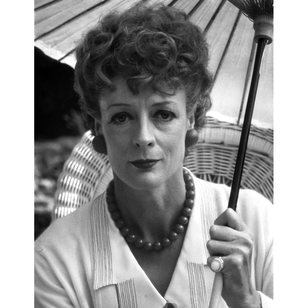 Maggie Smith Holding Umbrella in White Dress with Necklace Photo Print Image 1