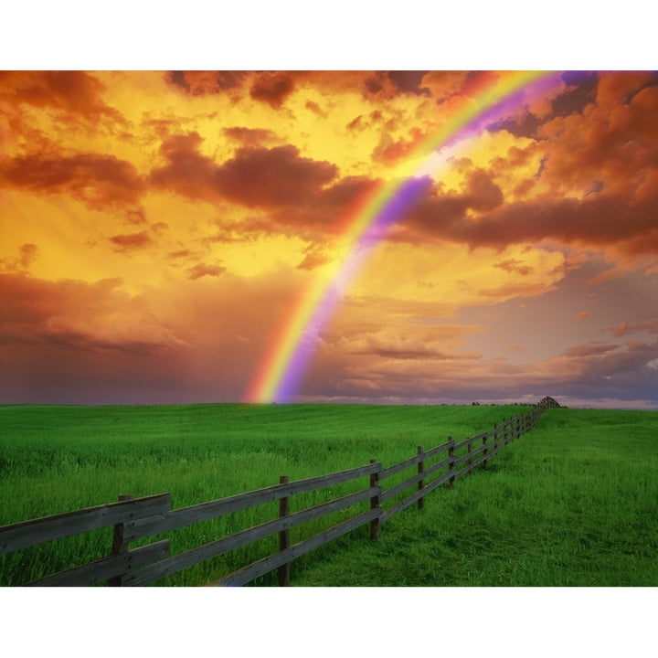 Rainbow In Country Field With Gold Clouds Poster Print Image 1