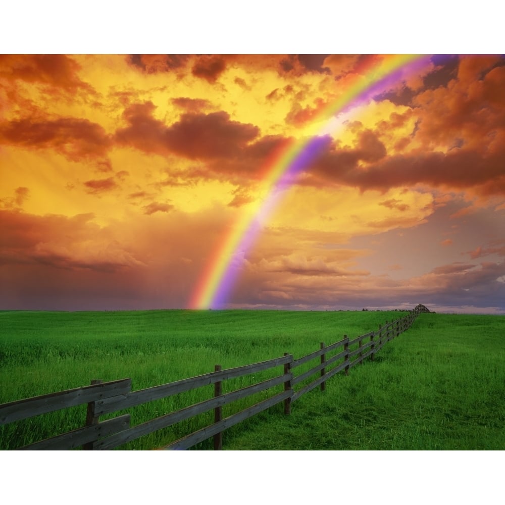 Rainbow In Country Field With Gold Clouds Poster Print Image 1