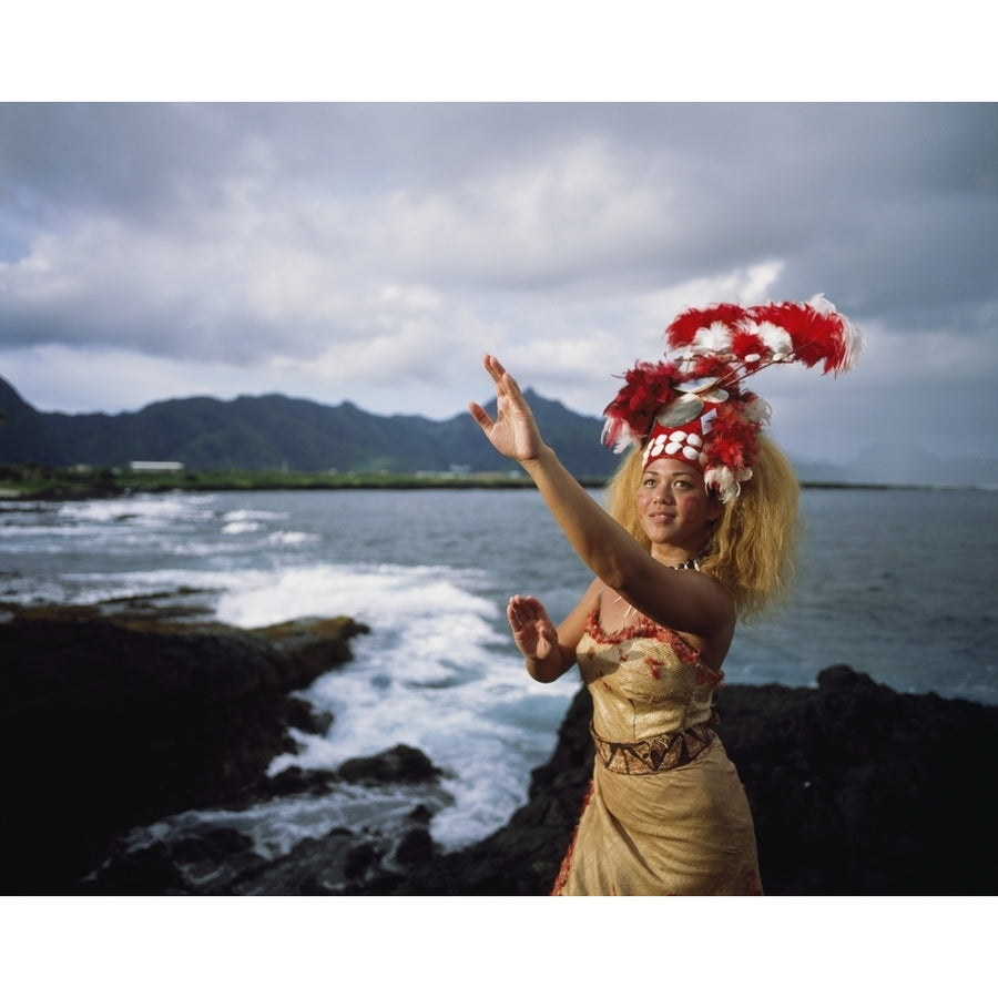 Woman wearing a traditional Samoan dress and headdress; American Samoa Poster Print Image 1