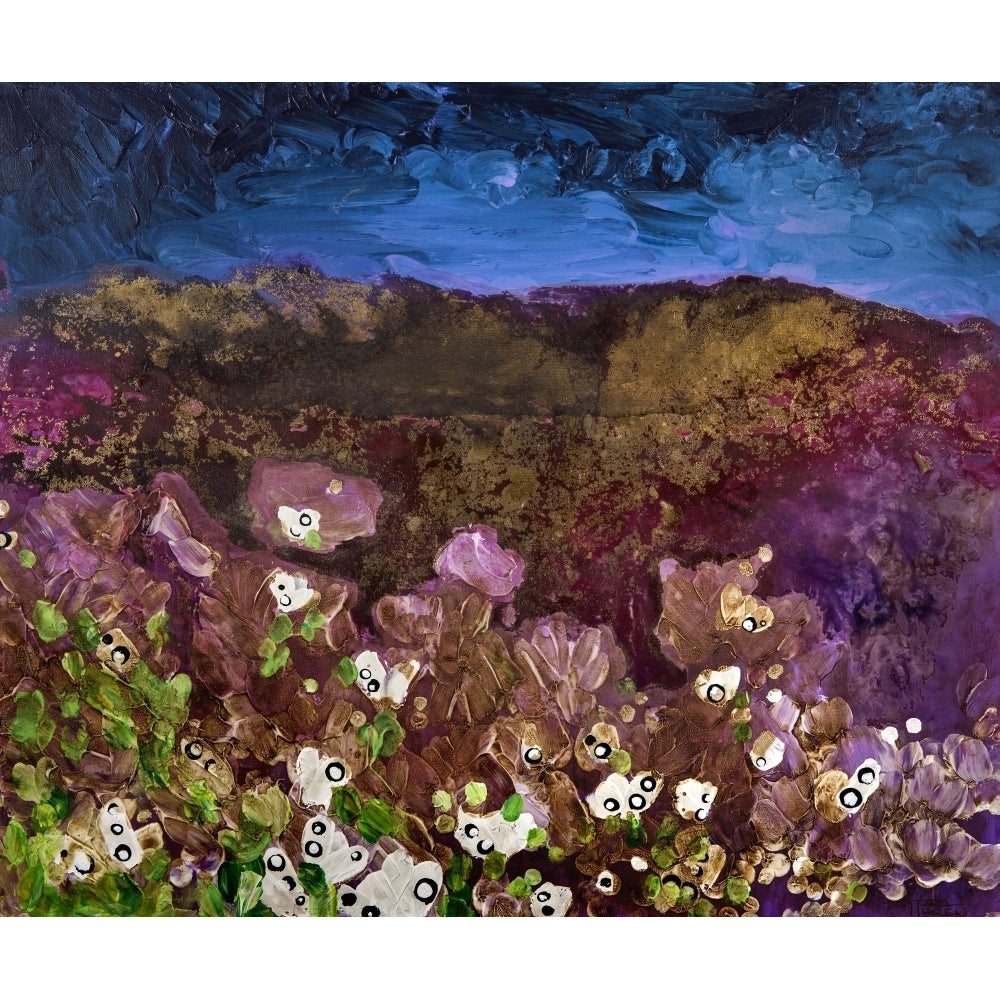 Painting of landscape with storm clouds over a mountain and flowers Poster Print Image 2