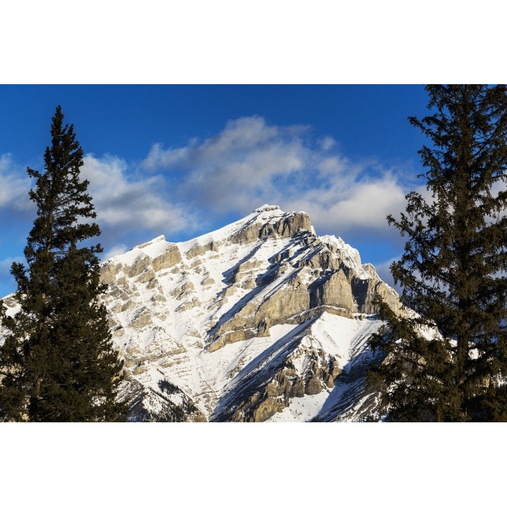 Snow covered mountain framed by evergreen trees with blue sky and clouds; Banff Alberta Canada Poster Print Image 1