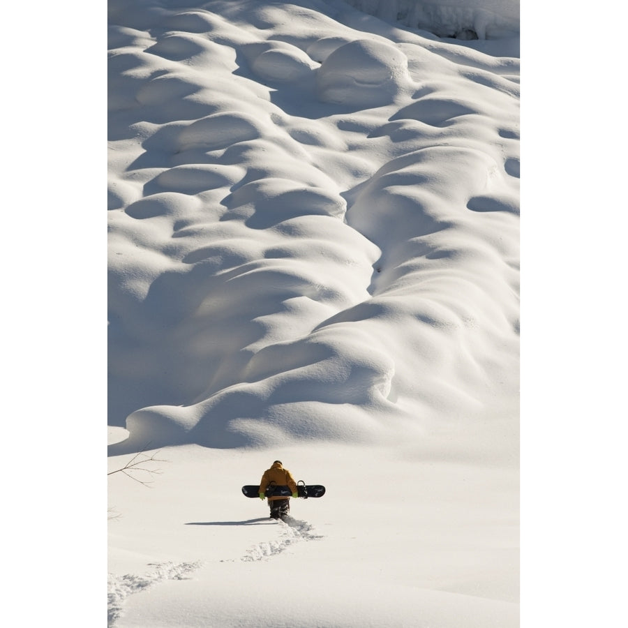 Person walking with a snowboard in mountains above Haines Southeast Alaska USA Poster Print by Dean Blotto Gray / Desi Image 1