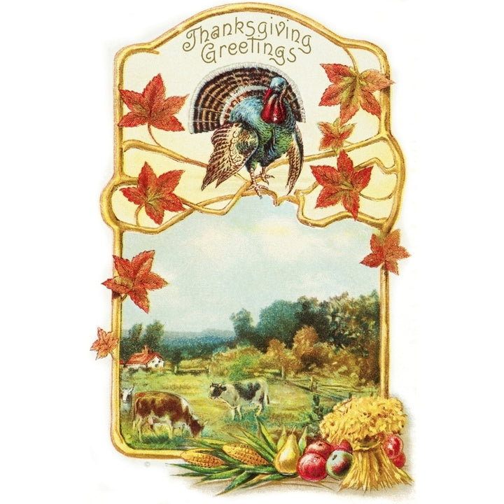 Vintage Thanksgiving greeting card with illustration of turkey and cows from 19th century. Poster Print Image 1