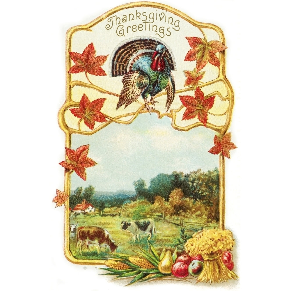 Vintage Thanksgiving greeting card with illustration of turkey and cows from 19th century. Poster Print Image 2