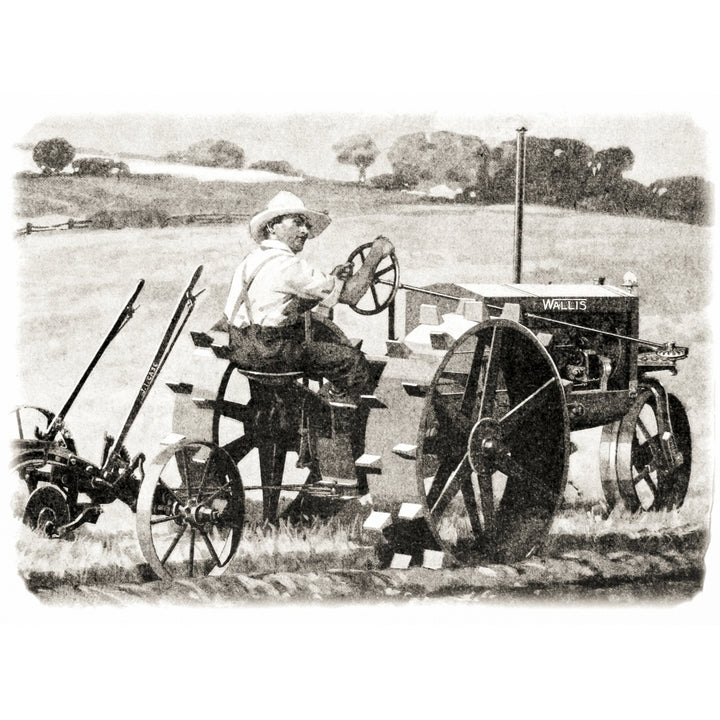 Historic illustration of farmer riding a Wallis tractor from early 20th century. Poster Print Image 2