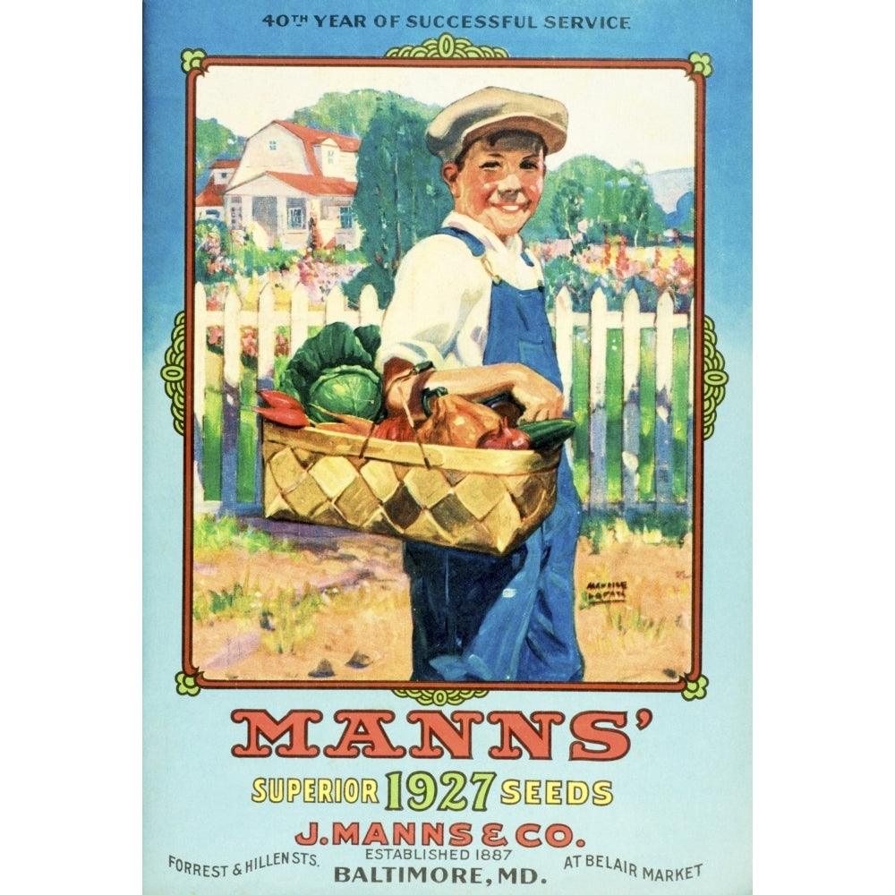 Manns seed catalog with illustration of boy holding vegetables from the 20th century. Poster Print Image 1