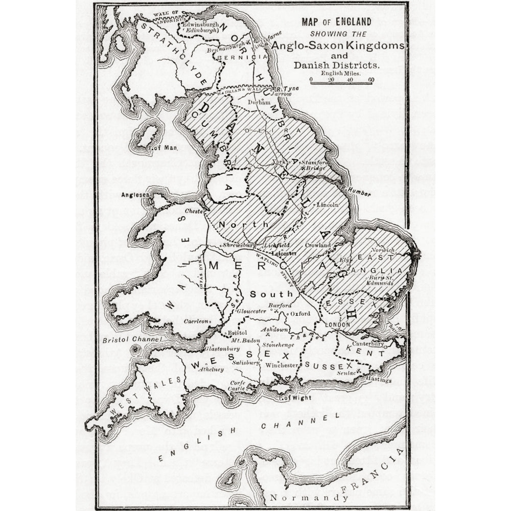 Map Of England Showing The Anglo-Saxon Kingdoms And Danish Districts In The First Century. From Cassells History Of Image 1