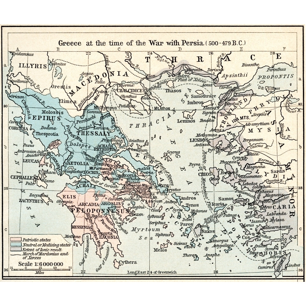 Map Of Greece At The Time Of The War With Persia 500 - 479 B.c. The Athenian Empire At Its Height. From Historical Atlas Image 1