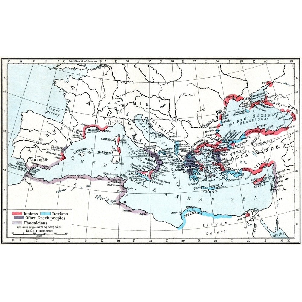 Map Of Greek And Phoenician Settlements In The Mediterranean Basin C.550 B.c. From Historical Atlas Published 1923. by Image 1