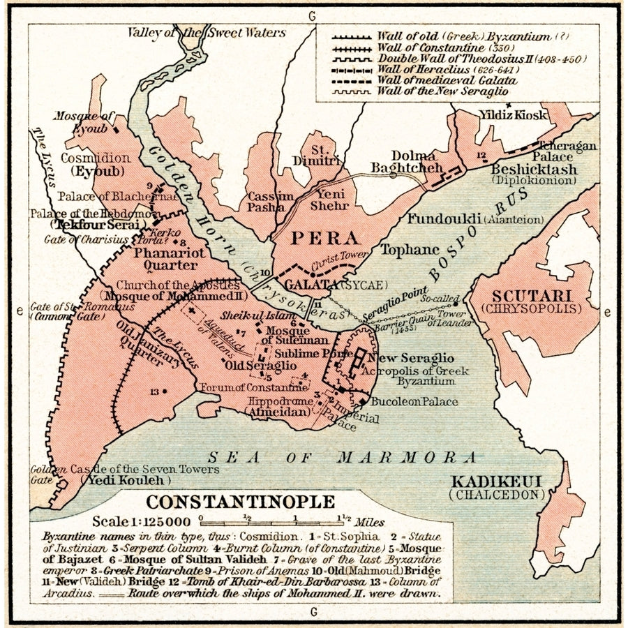 Map Of Constantinople In The 15th Century. From Historical Atlas Published 1923. by Ken Welsh / Design Pics Image 1