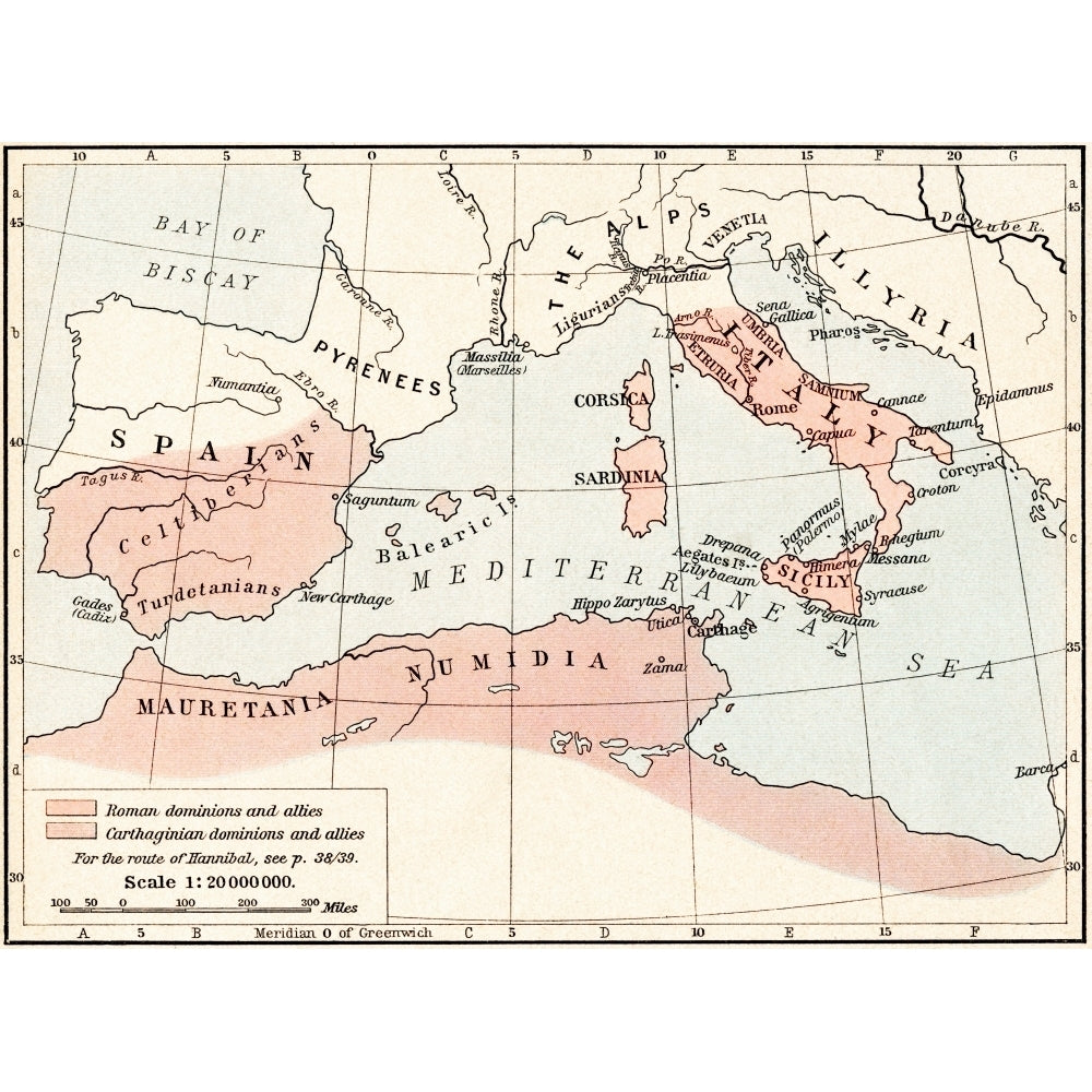 Map Of Rome And Carthage At The Beginning Of The Second Punic War 218 Bc. From Historical Atlas Published 1923. by Ken Image 1