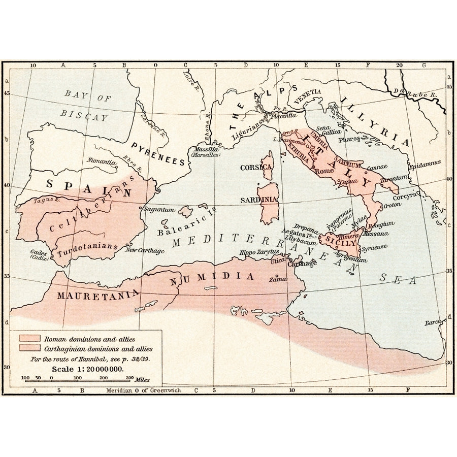 Map Of Rome And Carthage At The Beginning Of The Second Punic War 218 Bc. From Historical Atlas Published 1923. by Ken Image 1