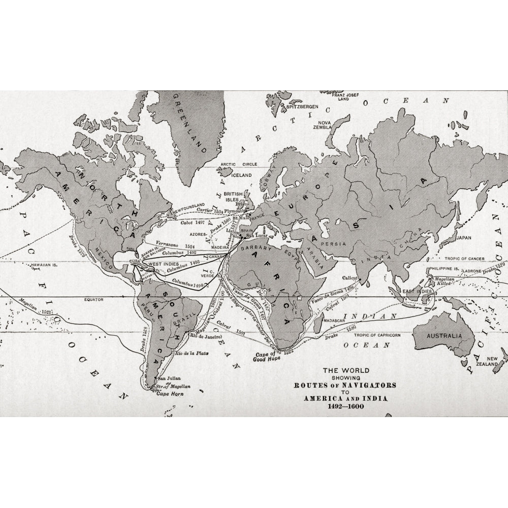 Map Of The World Showing The Routes Of Navigators To America And India From 1492-1600. From The History Of Our Country Image 1