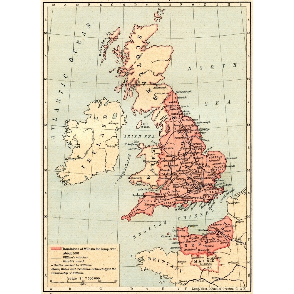 Map Of Great Britain Showing The Dominions Of William The Conqueror C. 1087. From Historical Atlas Published 1923. by Image 1