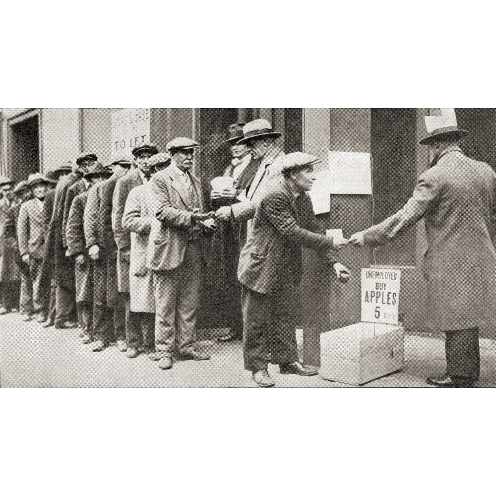 A Line Of Unemployed Men Buy Apples For 5 Cents During The Great Depression Of America. From The Literary Digest Image 1