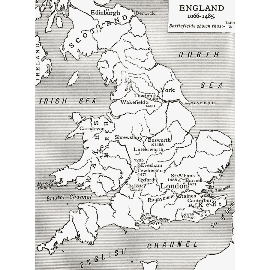 A Map Of England 1066 - 1485 Battlefields Marked With Crossed Swords. From A First Book Of British History Published Image 1