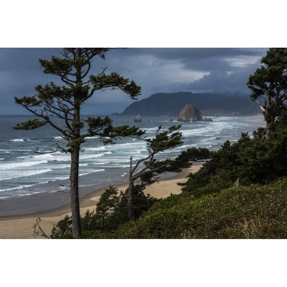 Haystack Rock and Tillamook head are visible from US Highway 101; Oregon United States of America Print Image 2