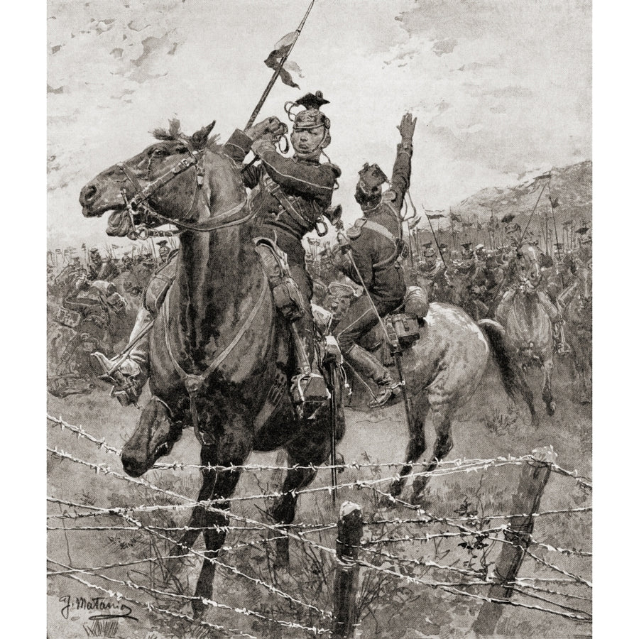 The German cavalry the Uhlans come up against barbed wire erected by the Belgians to stop their advance during World W Image 1