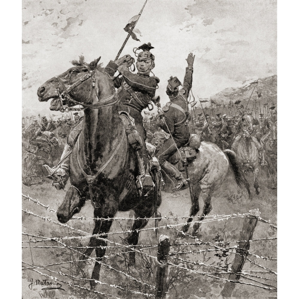 The German cavalry the Uhlans come up against barbed wire erected by the Belgians to stop their advance during World W Image 2