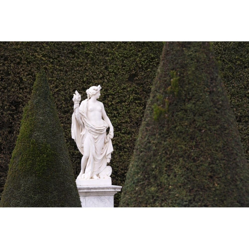 A white marble statue is shown against the green of a tall hedge in the gardens of Versailles; Paris France Image 1