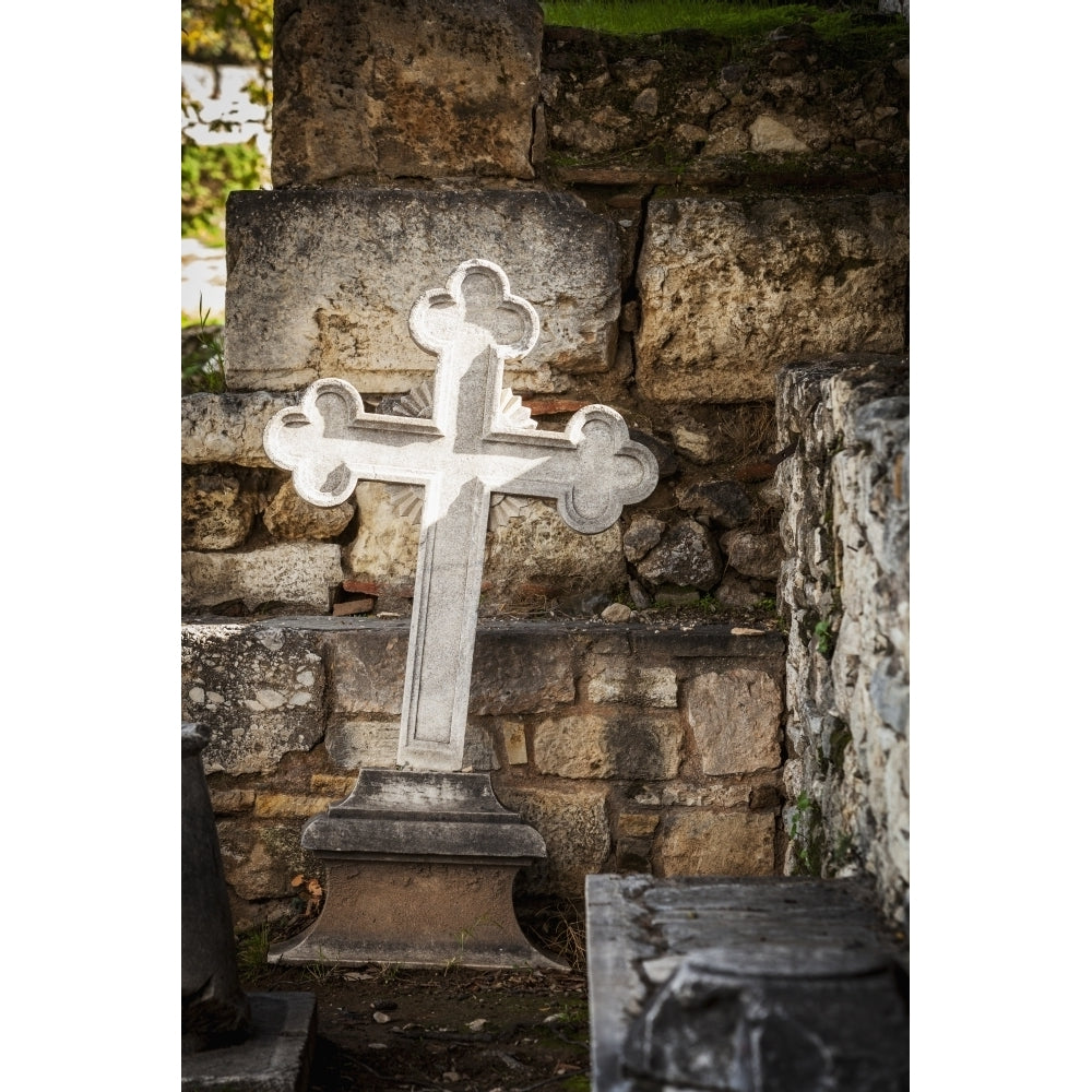 White cross and stone wall Church of the holy apostles; Athens Greece Poster Print Image 2