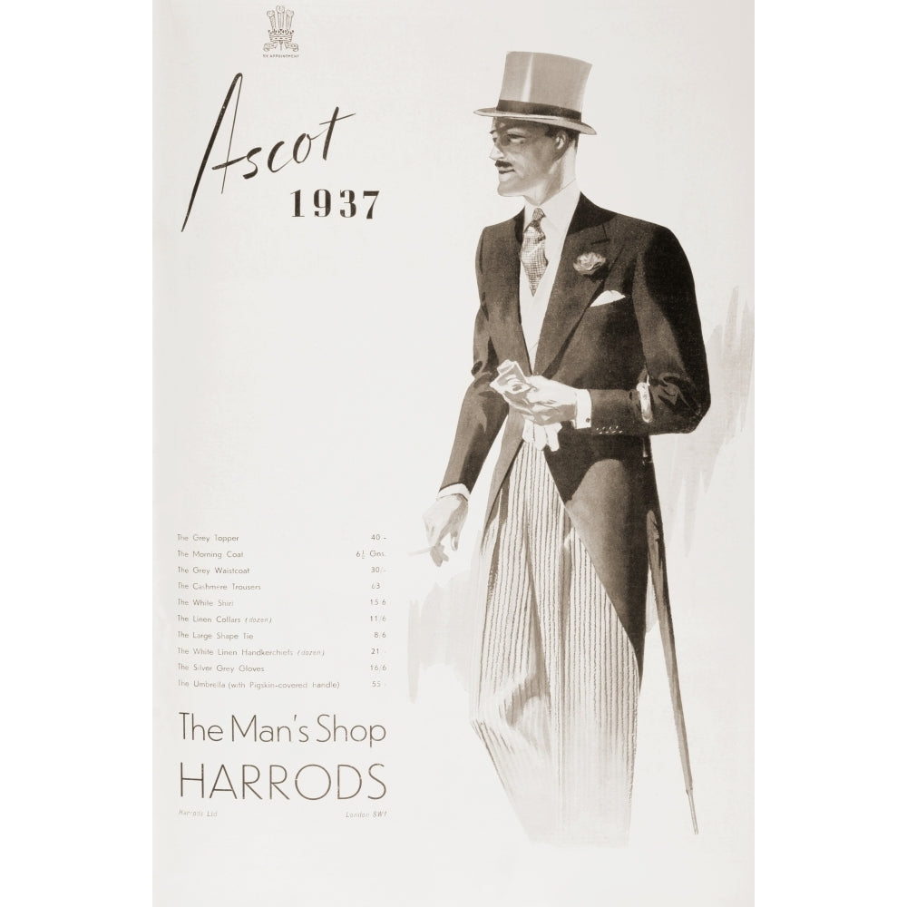 A 1937 advertisement for The Mans Shop Harrods showing a gentleman in top hat and tails ready to visit Ascot. From Th Image 2