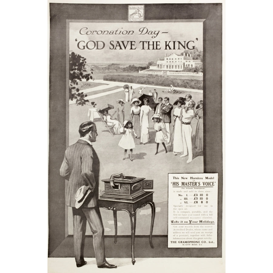 A 1910 advertisement for His Masters Voice" Gramaphone Player. From The Illustrated London News published 1910. Poster Image 1