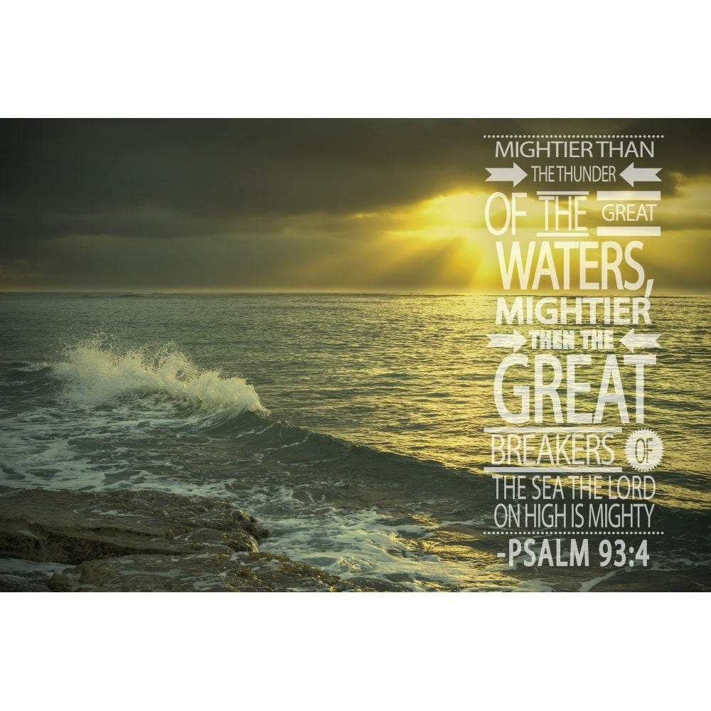 Image Of Waves Crashing At The Shore And Golden Sunlight Shining Through Storm Clouds With A Scripture From Psalms 93:4 Image 1