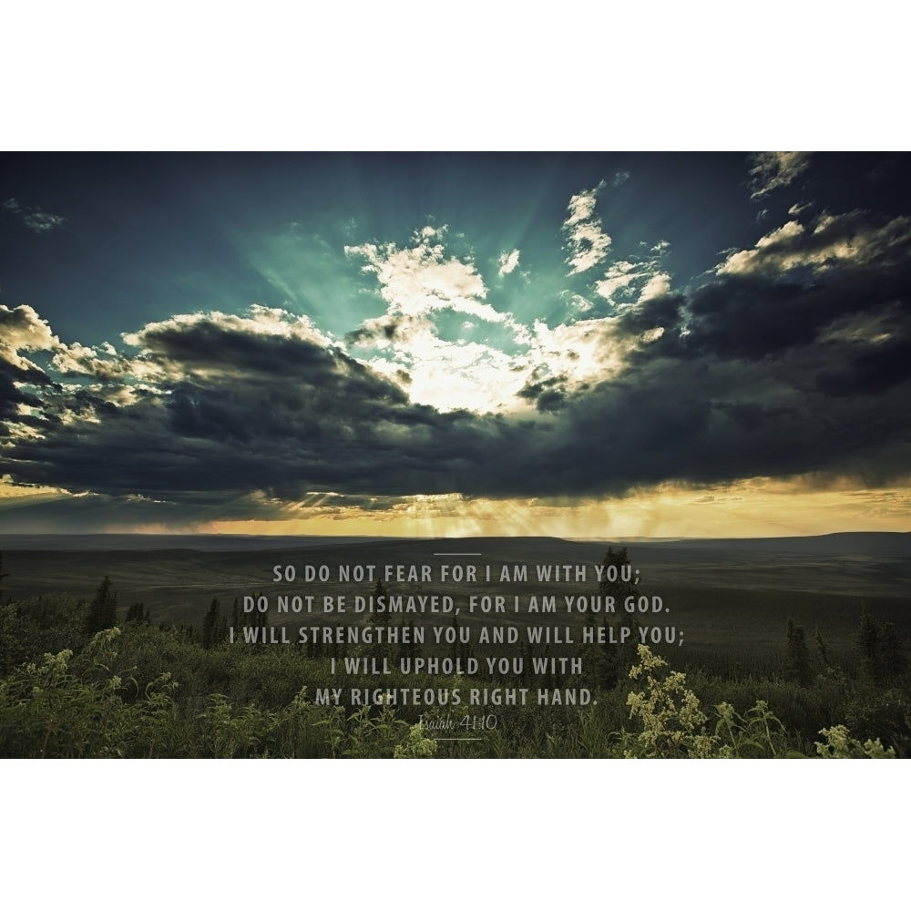 Image Of A Sunset Shining Through Dark Clouds Over A Green Landscape And Scripture From Isaiah 41:10 by Tim Antoniuk / Image 1