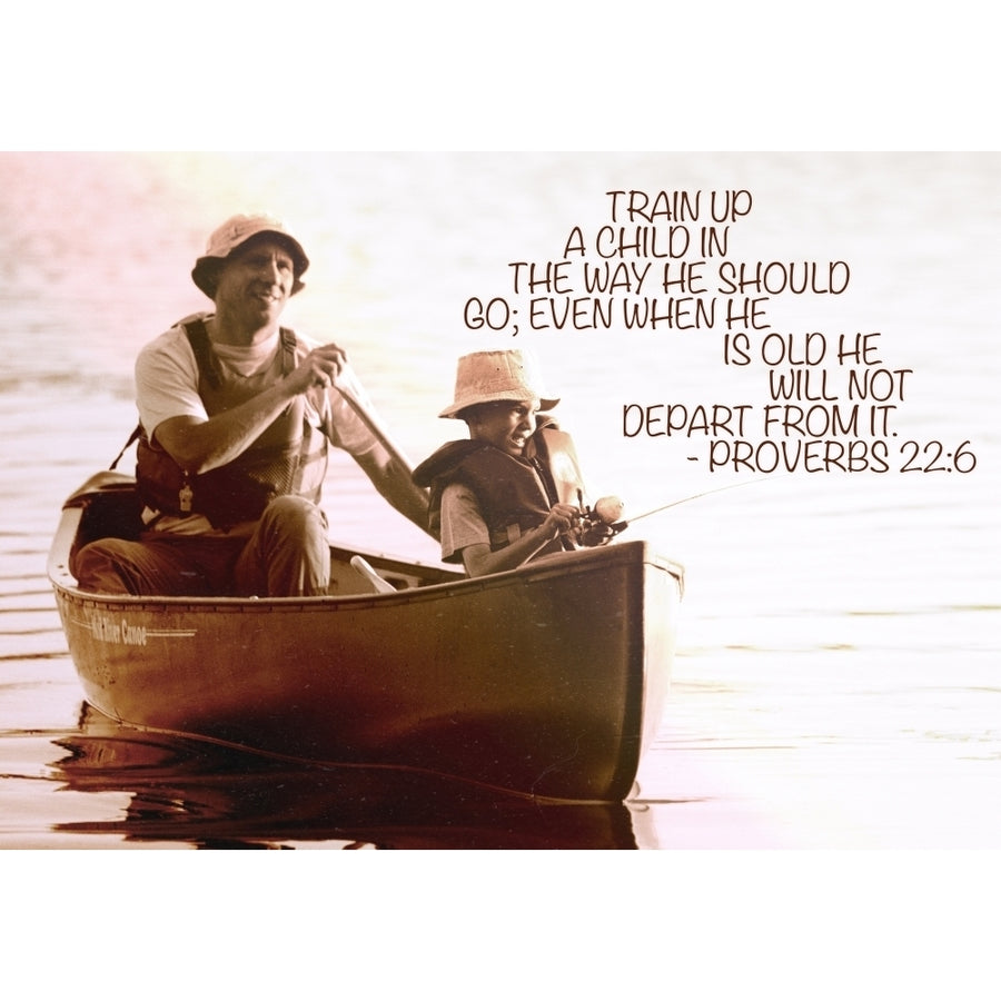 Image Of A Father And Son Fishing From A Canoe With Scripture From Proverbs 22:6 by Tim Antoniuk / Design Pics Image 1