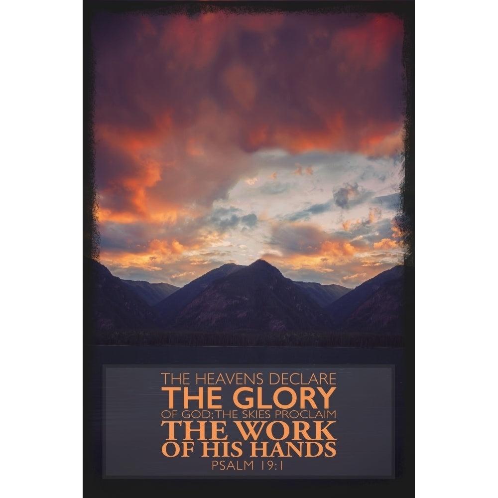 Image Of A Red Sky Over A Rugged Mountain Range With Scripture From Psalm 19:1 by Tim Antoniuk / Design Pics Image 1